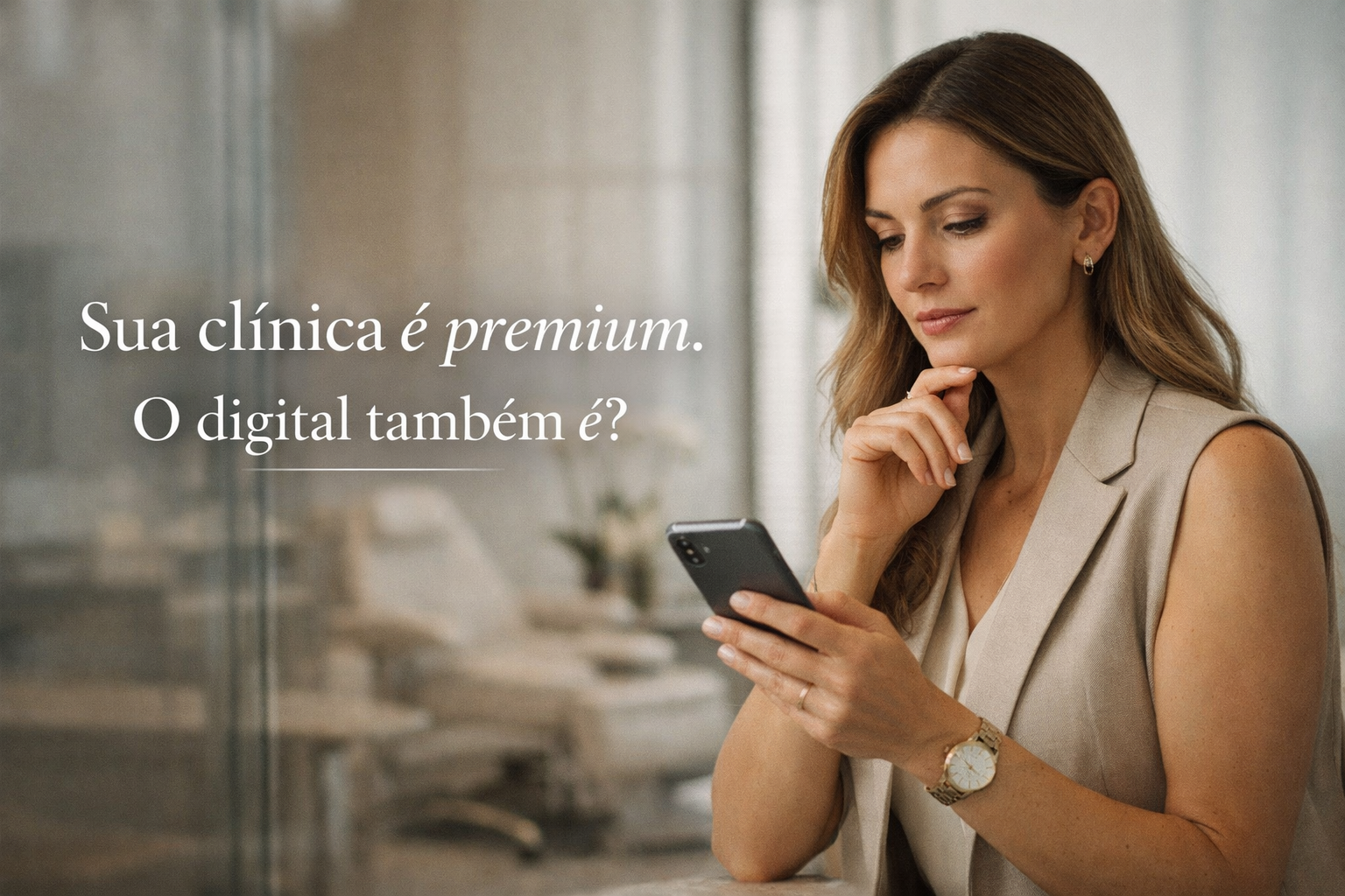 Médica em consultório premium analisando o celular, refletindo sobre a presença digital da clínica de alto padrão.