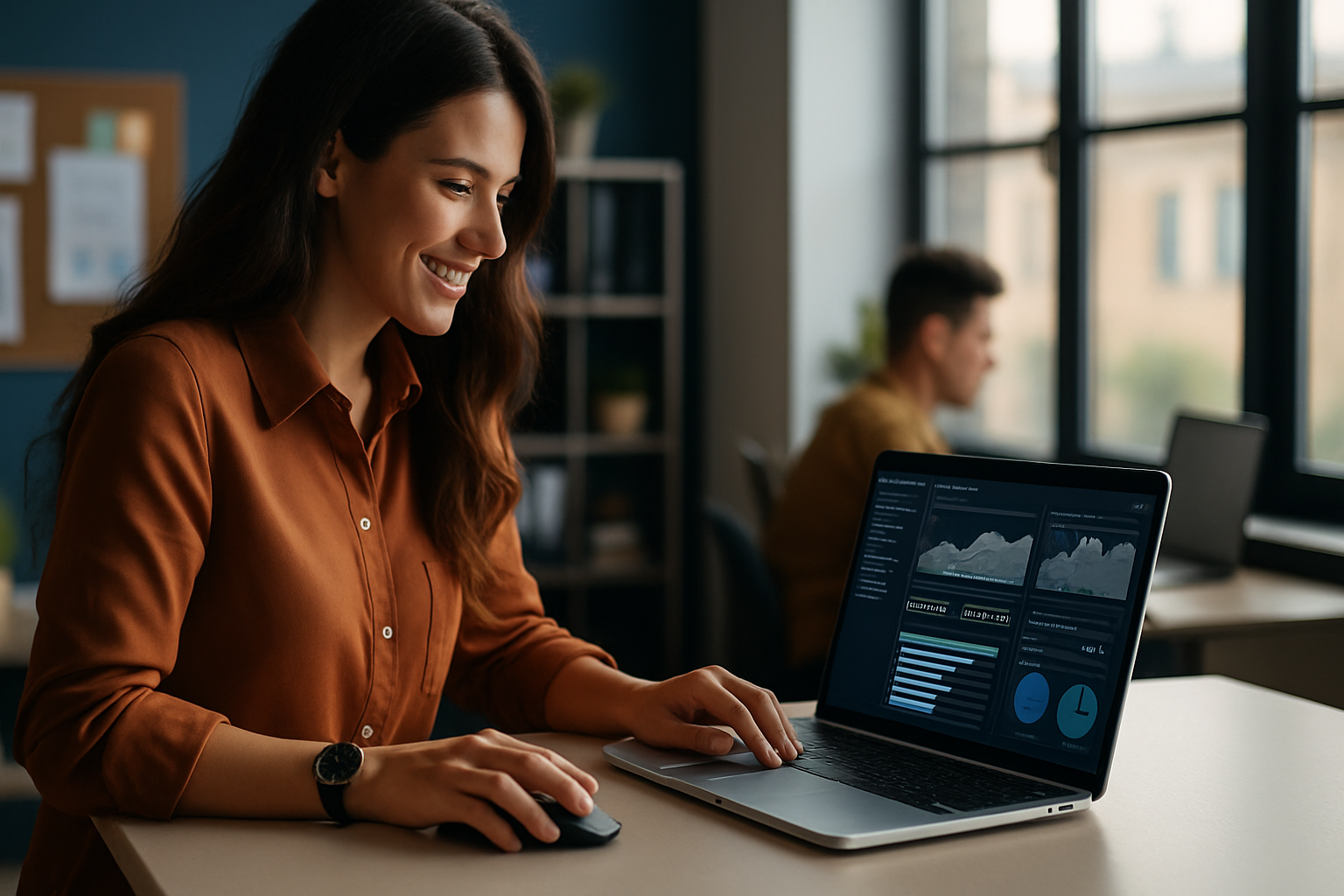 Executivo apontando para gráfico de barras com seta ascendente, simbolizando crescimento empresarial estratégico.