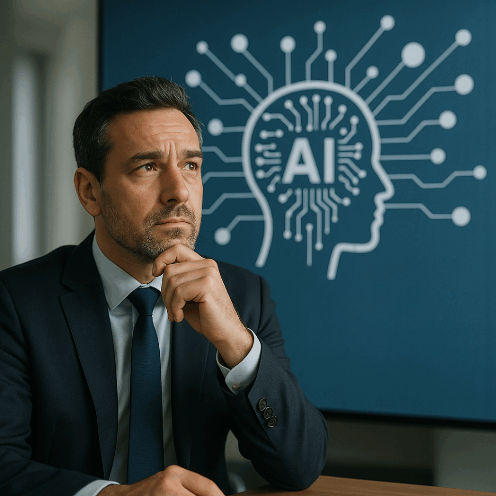 Empresário refletindo sobre o impacto da inteligência artificial nos negócios