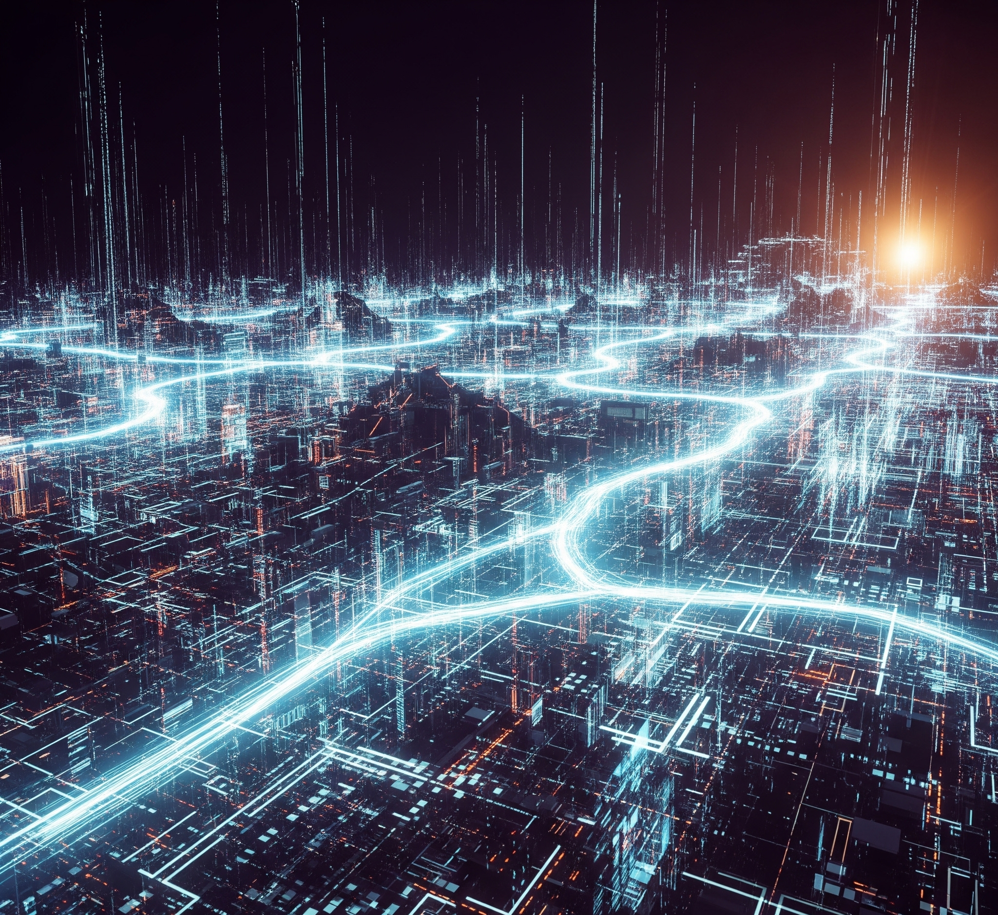 Uma imagem abstrata e futurista que representa a inteligência artificial transformando o Google, a criação de conteúdo e o marketing digital, com elementos que sugerem inovação e potenciais desafios.