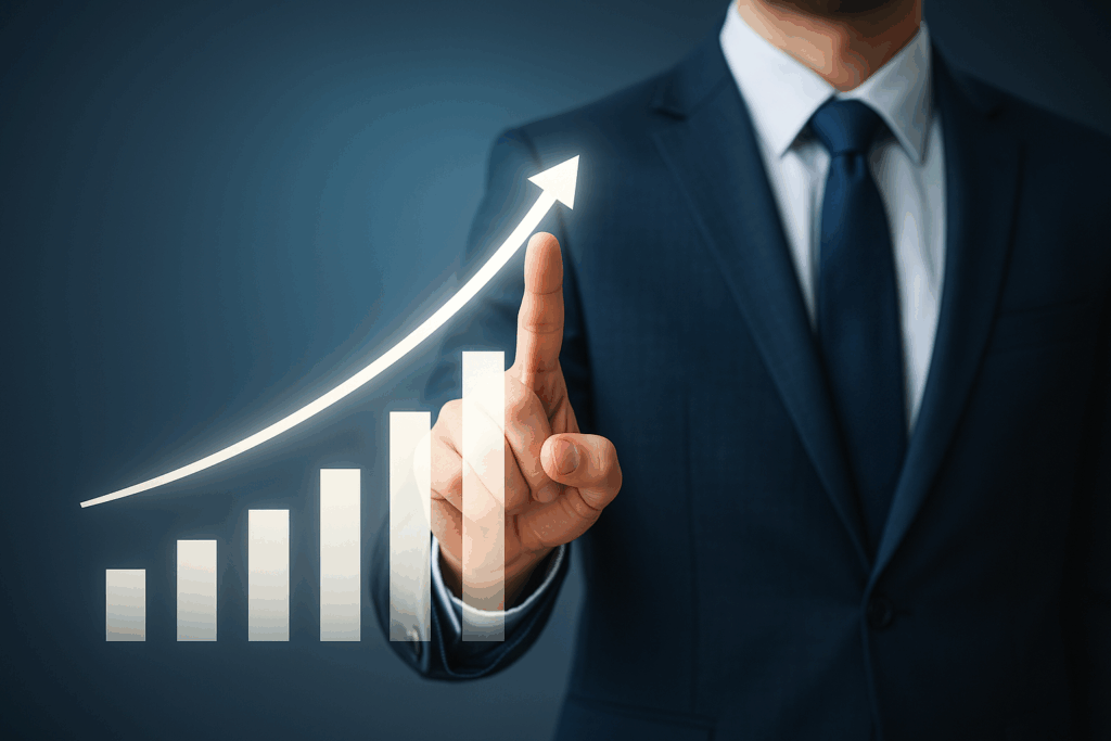 Executivo apontando para gráfico de barras com seta ascendente, simbolizando crescimento empresarial estratégico.