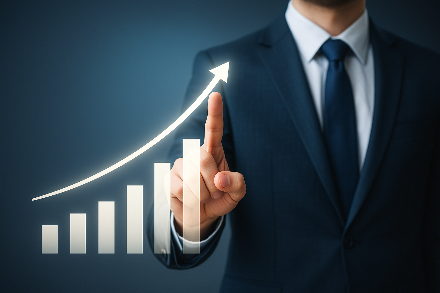 Executivo apontando para gráfico de barras com seta ascendente, simbolizando crescimento empresarial estratégico.