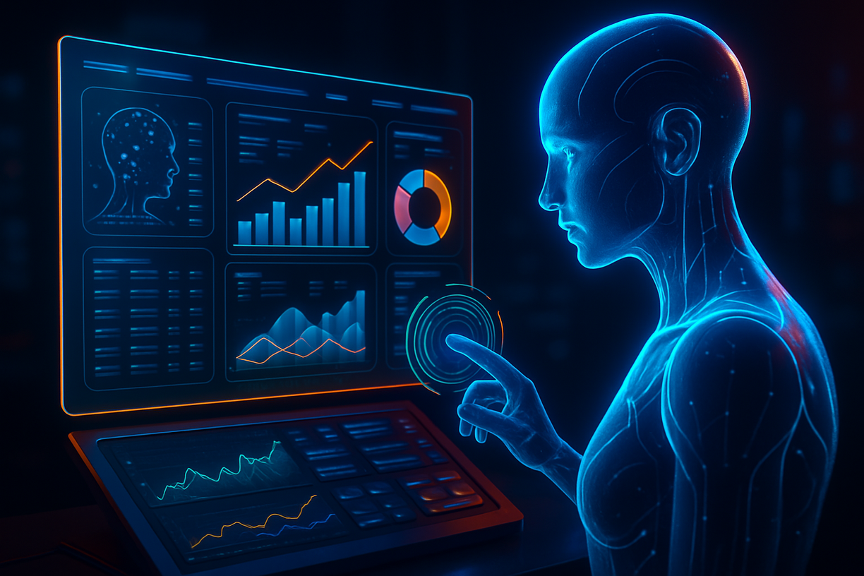 Interface de IA azul neon interagindo com painel de marketing digital exibindo gráficos e dados.