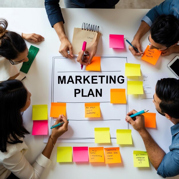 Equipe de marketing planejando estratégia com post-its coloridos em volta de um quadro com o título “Marketing Plan”.