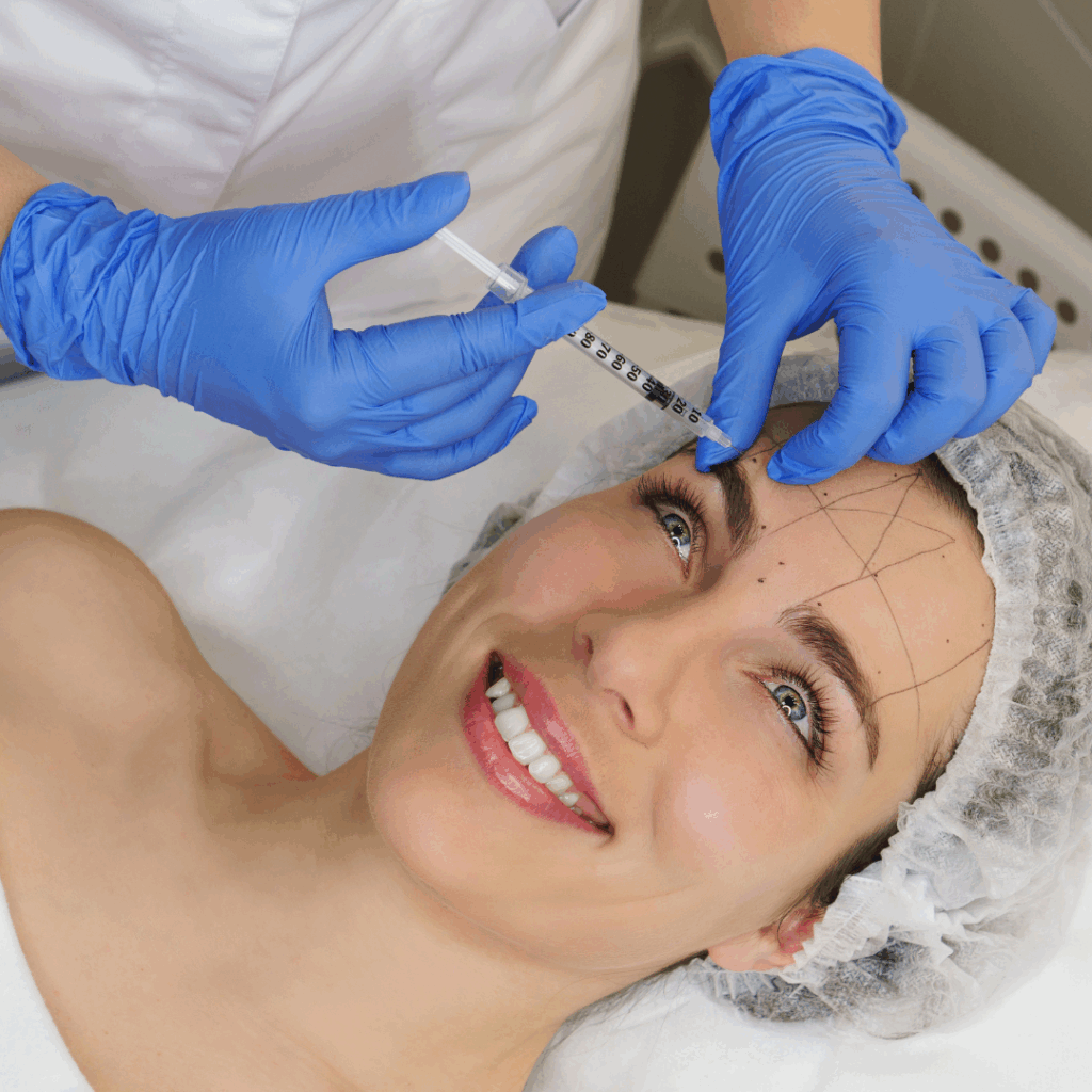 Mulher sorrindo enquanto recebe aplicação de botox na testa por profissional com luvas azuis