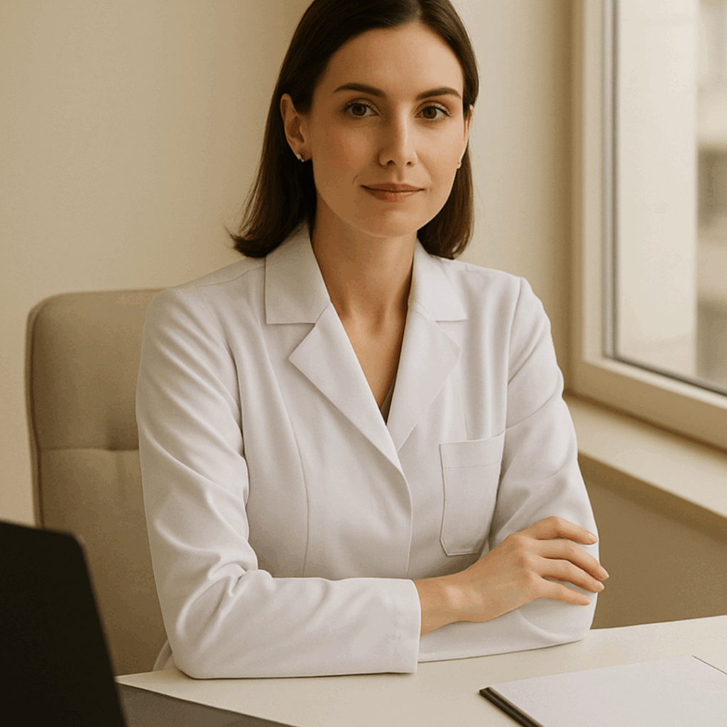 Médica em consultório transmitindo sofisticação e autoridade, representando o conceito de quiet luxury no marketing médico.
