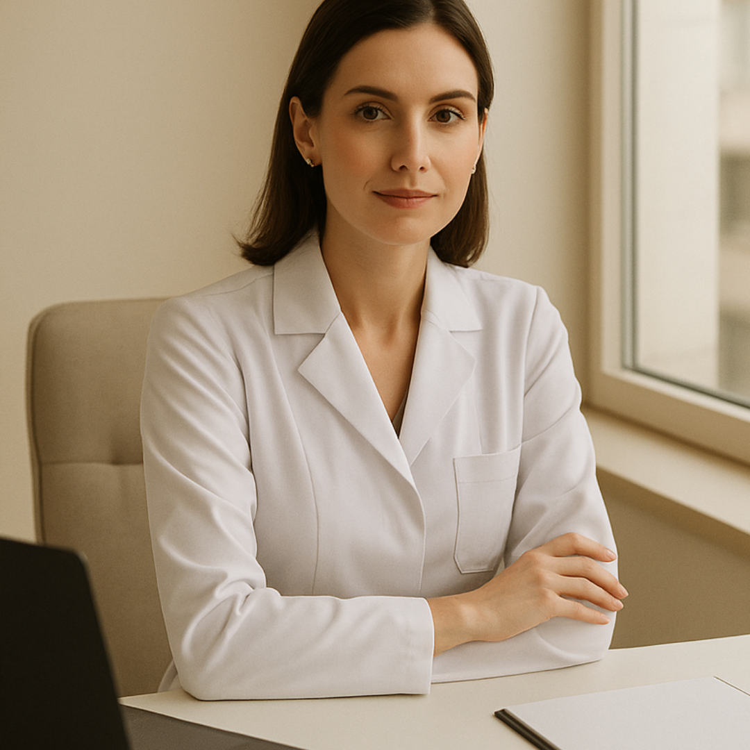 Médica em consultório transmitindo sofisticação e autoridade, representando o conceito de quiet luxury no marketing médico.