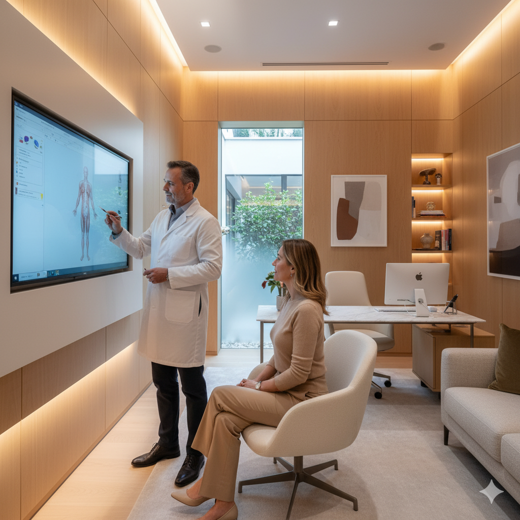 Dermatologista em clínica de alto padrão oferecendo atendimento humanizado e sofisticado, representando a importância da experiência do paciente.