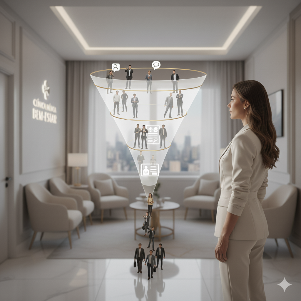 Infográfico mostrando as etapas do funil de vendas para clínicas: atração, consideração, decisão e fidelização.