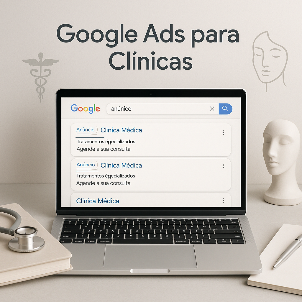 Notebook exibindo resultados simulados de anúncios no Google para clínicas médicas, com título “Google Ads para Clínicas” e ícones discretos relacionados à saúde e estética.