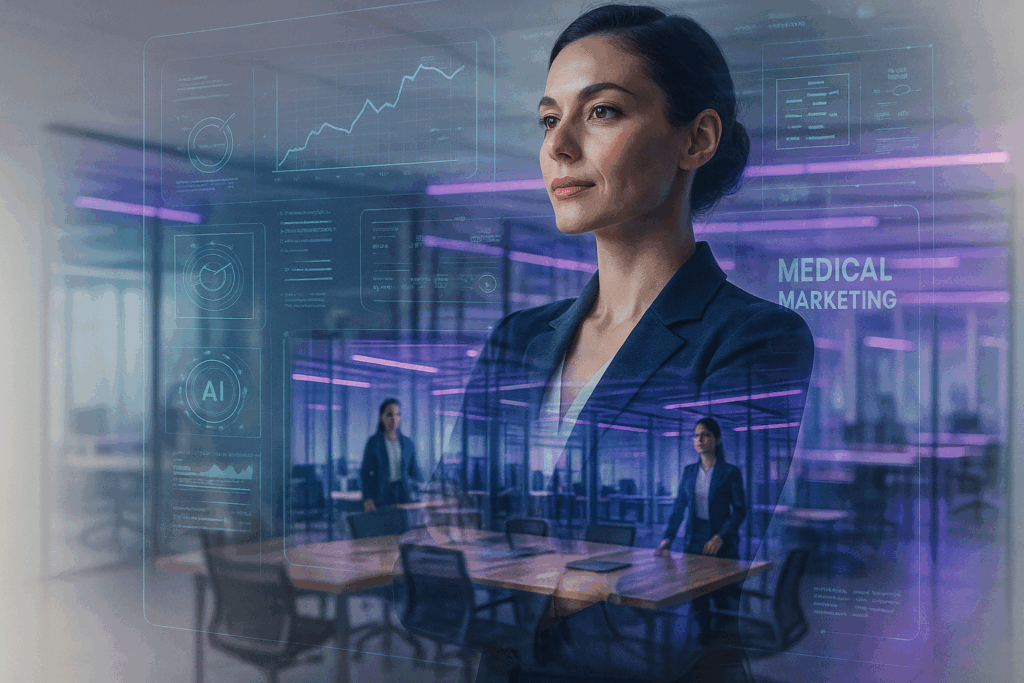 Médica em ambiente moderno analisando métricas digitais de marketing médico futurista.