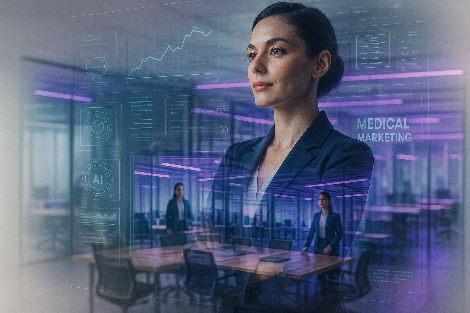 Médica em ambiente moderno analisando métricas digitais de marketing médico futurista.