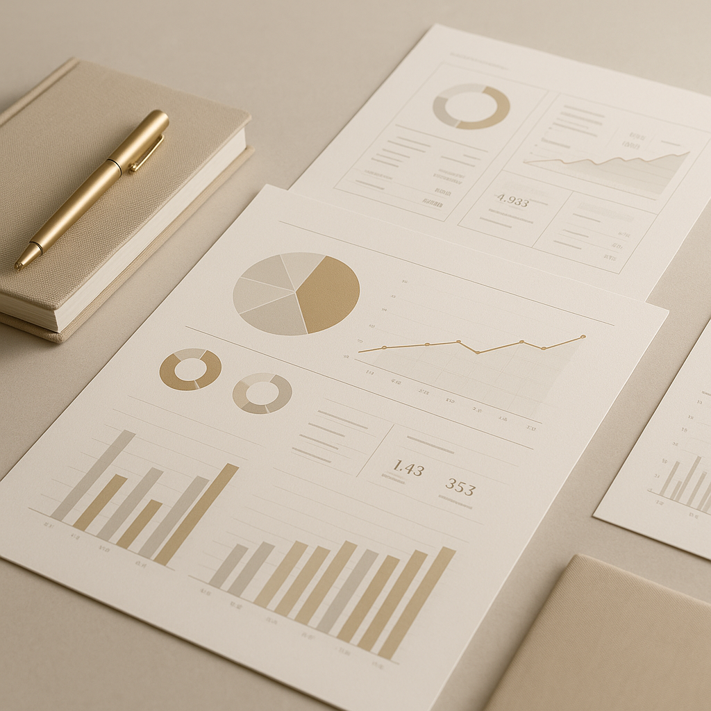 Gráficos e relatórios em estilo minimalista com tons dourados e neutros, simbolizando KPIs para clínicas de alto padrão.