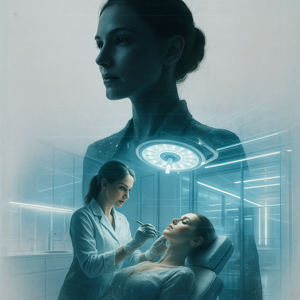 Médica dermatologista realizando procedimento estético em paciente em clínica sofisticada, representando autoridade e confiança no marketing digital para estética.