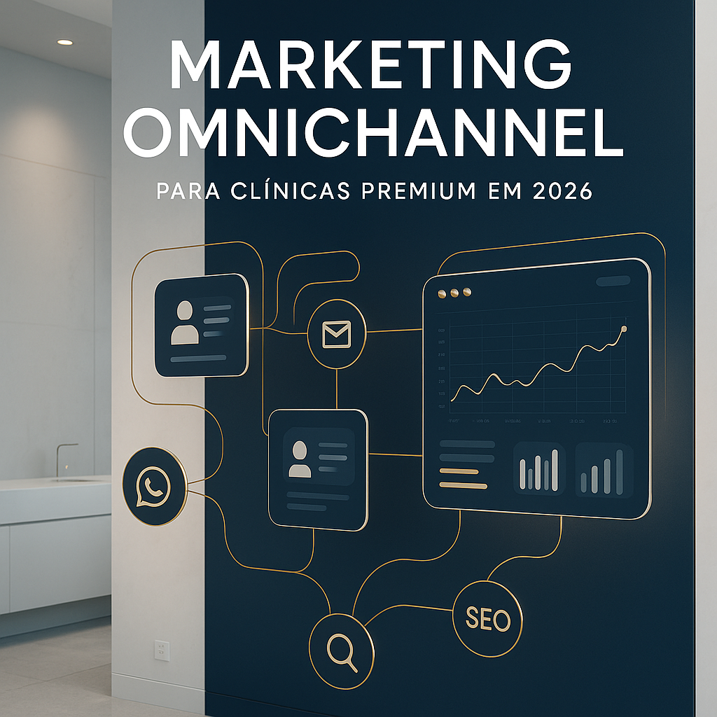 Ilustração minimalista mostrando ícones conectados de WhatsApp, e-mail, SEO e dashboards digitais, representando o marketing omnichannel para clínicas premium em 2026.