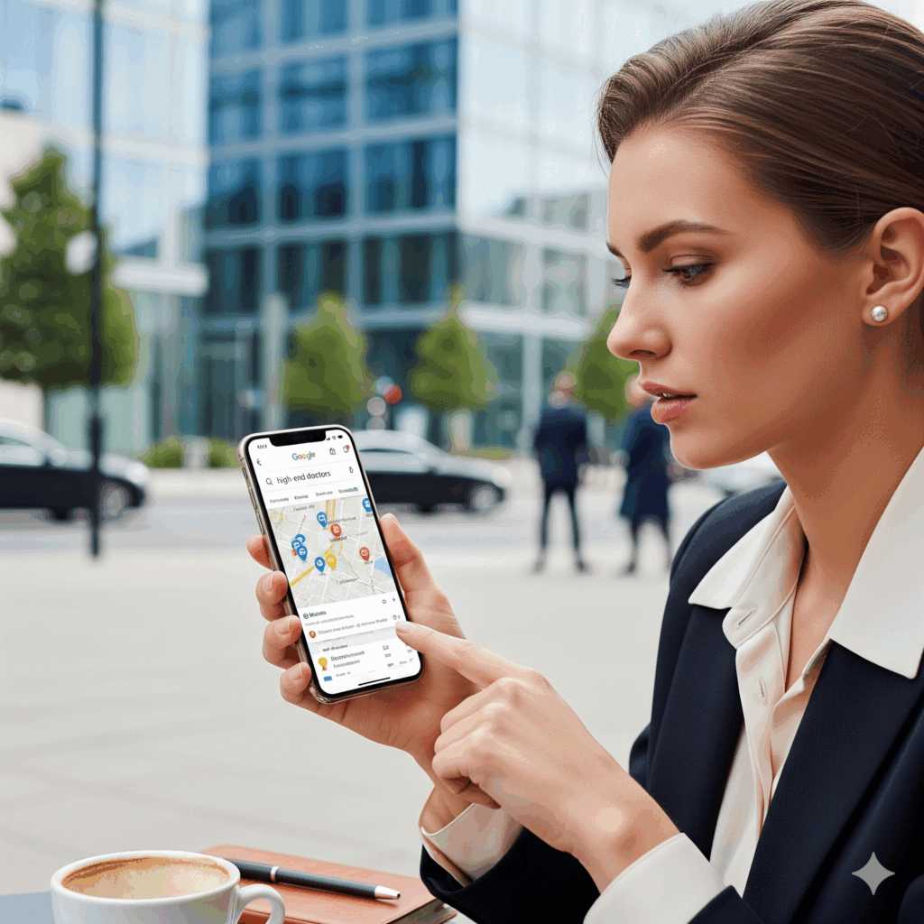 Mulher elegante usando o smartphone para pesquisar médicos de alto padrão no Google Maps, em frente a um prédio comercial moderno.