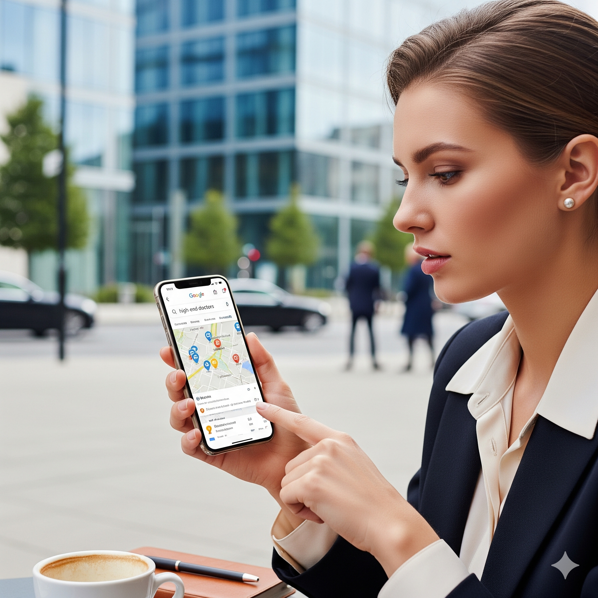 Mulher elegante usando o smartphone para pesquisar médicos de alto padrão no Google Maps, em frente a um prédio comercial moderno.