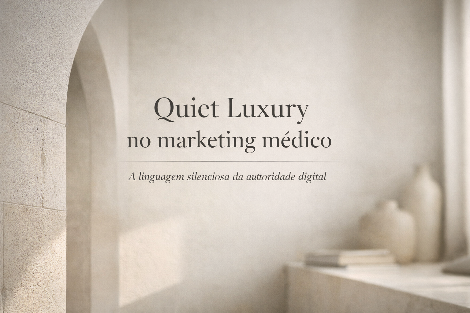 Imagem editorial em estilo quiet luxury com textura neutra e arquitetura minimalista, representando autoridade digital no marketing médico.